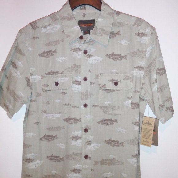Northwest Territory Button Up Shirt Mens Small Short Sleeve Beige Taupe Fish Pri - Picture 3 of 10